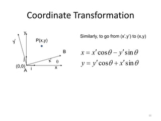 10
Coordinate Transformation
Similarly, to go from (x‟,y‟) to (x,y)
iA
j
x
y
P(x,y)
B
(0,0)
sincos
sincos
xyy
yxx
 