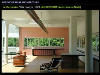 POSTMODERNIST ARCHITECTURE
Le Corbusier, Villa Savoye, 1929. MODERNISM (International Style)
 