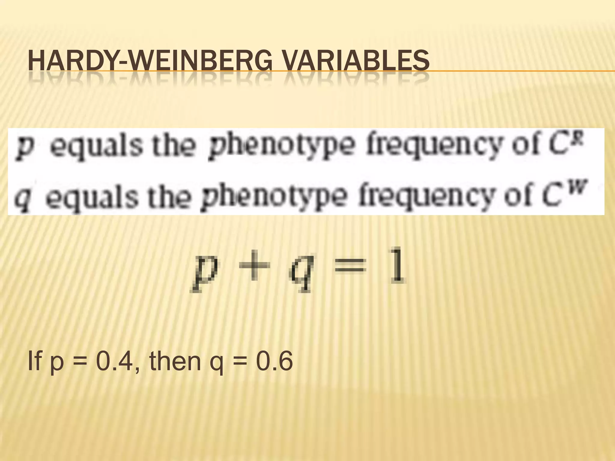HARDY-WEINBERG VARIABLES




If p = 0.4, then q = 0.6
 