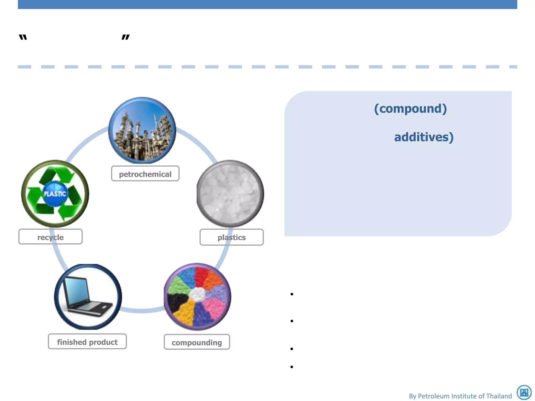 “                           ”


                                                                     (compound)

                                                                       additives)


                            petrochemical




    recycle                                           plastics




                                                                 •

                                                                 •
         finished product                   compounding
                                                                 •
                                                                 •

                                                                         By Petroleum Institute of Thailand
 