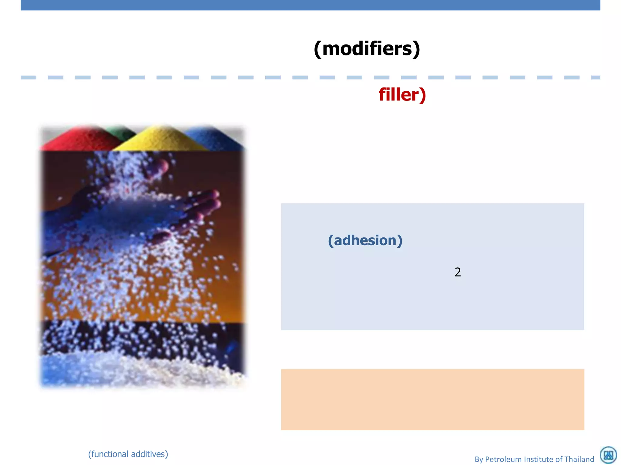 (modifiers)

                                filler)




                          (adhesion)

                                          2




(functional additives)
                                              By Petroleum Institute of Thailand
 