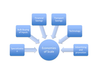 Financial SavingsTransport SavingsBulk Buying of InputsTechnologyEconomies of ScaleSpecializationAdvertising and promotion