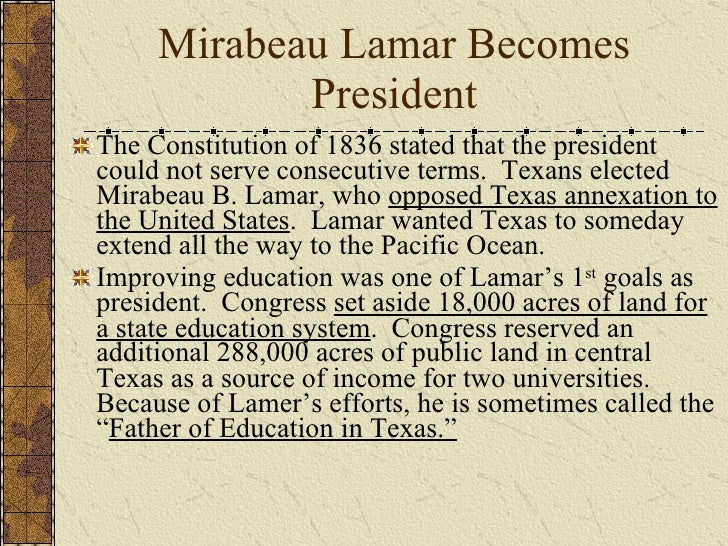 the presidency of mirabeau lamar an examination Add tags for inaugural address of mirabeau b lamar, president of the republic of texas, to both houses of congress be the first. the presidency of mirabeau lamar an examination Add tags for inaugural address of mirabeau b lamar, president of the republic of texas, to both houses of congress be the first.