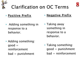 Positive Prefix Adding something in response to a behavior. Adding something: good = reinforcement bad = punishment Negative Prefix Taking away something in response to a behavior. Taking something: good = punishment bad = reinforcement 