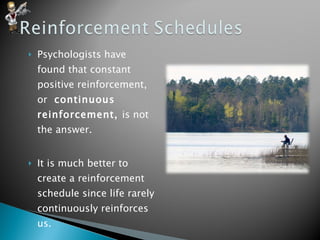 Psychologists have found that constant positive reinforcement, or  continuous reinforcement,  is not the answer. It is much better to create a reinforcement schedule since life rarely continuously reinforces us. 