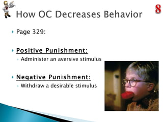 Page 329: Positive Punishment: Administer an aversive stimulus Negative Punishment: Withdraw a desirable stimulus 