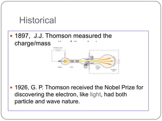 Historical
 1897, J.J. Thomson measured the
 charge/mass ratio of the electron.




 1926, G. P. Thomson received the Nobel Prize for
 discovering the electron, like light, had both
 particle and wave nature.
 