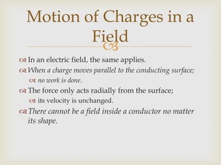 A charged particle that is free to move in a uniform electric field;behaves in a similar way to a,particle in a gravitational field.Acceleration can be found by modifying Newton II.While a charge remains in the electric field;it will continue to accelerate uniformly.Motion of Charged Particles in a Uniform Electric Field