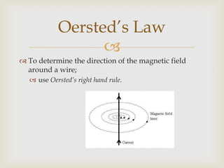 Grab the wire with your right hand,Thumb in the direction of the conventional current, I;(i.e. +ive to -ive),Field is in the direction of;curl of your fingers.Oersted's LawOersted’s Law