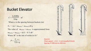 Bucket Elevator
Assume
Chain speed --> 0.2 – 1 m/s (usually 0.5m/s)
Spacing  300 mm to 450 mm
 