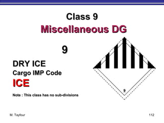 M. Tayfour 112
99
DRY ICEDRY ICE
Cargo IMP CodeCargo IMP Code
ICEICE
Note : This class has no sub-divisionsNote : This class has no sub-divisions
Class 9Class 9
Miscellaneous DGMiscellaneous DG
 