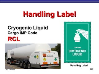 M. Tayfour 120
Cryogenic LiquidCryogenic Liquid
Cargo IMP CodeCargo IMP Code
RCLRCL
Handling LabelHandling Label
Handling LabelHandling Label
 