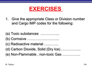 M. Tayfour 134
EXERCISES
1.1. Give the appropriate Class or Division numberGive the appropriate Class or Division number
and Cargo IMP codes for the following:and Cargo IMP codes for the following:
(a) Toxic substances …………….(a) Toxic substances …………….
(b) Corrosive ……………………...(b) Corrosive ……………………...
(c) Radioactive material …………(c) Radioactive material …………
(d) Carbon Dioxide, Solid (Dry Ice)(d) Carbon Dioxide, Solid (Dry Ice) ……………..……………..
(e) Non-Flammable , non-toxic Gas ……………(e) Non-Flammable , non-toxic Gas ……………
 
