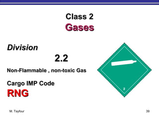 M. Tayfour 39
DivisionDivision
2.22.2
Non-Flammable , non-toxic GasNon-Flammable , non-toxic Gas
Cargo IMP CodeCargo IMP Code
RNGRNG
Class 2Class 2
GasesGases
 