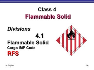 M. Tayfour 56
DivisionsDivisions
4.14.1
Flammable SolidFlammable Solid
Cargo IMP CodeCargo IMP Code
RFSRFS
Class 4Class 4
Flammable SolidFlammable Solid
 