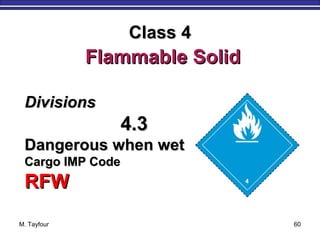 M. Tayfour 60
DivisionsDivisions
4.34.3
Dangerous when wetDangerous when wet
Cargo IMP CodeCargo IMP Code
RFWRFW
Class 4Class 4
Flammable SolidFlammable Solid
 