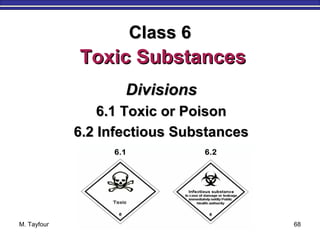 M. Tayfour 68
Class 6Class 6
Toxic SubstancesToxic Substances
DivisionsDivisions
6.1 Toxic or Poison6.1 Toxic or Poison
6.2 Infectious Substances6.2 Infectious Substances
 