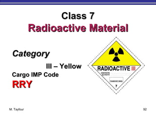 M. Tayfour 92
CategoryCategory
III – YellowIII – Yellow
Cargo IMP CodeCargo IMP Code
RRYRRY
Class 7Class 7
Radioactive MaterialRadioactive Material
 