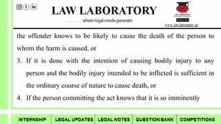 the offender knows to be likely to cause the death of the person to
whom the harm is caused, or
3. If it is done with the intention of causing bodily injury to any
person and the bodily injury intended to be inflicted is sufficient in
the ordinary course of nature to cause death, or
4. If the person committing the act knows that it is so imminently
 