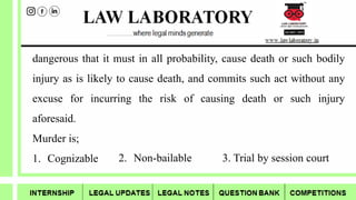 dangerous that it must in all probability, cause death or such bodily
injury as is likely to cause death, and commits such act without any
excuse for incurring the risk of causing death or such injury
aforesaid.
Murder is;
1. Cognizable 2. Non-bailable 3. Trial by session court
 