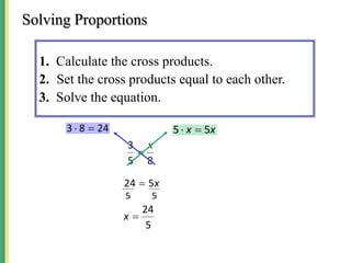 Solving Proportions
1. Calculate the cross products.
2. Set the cross products equal to each other.
3. Solve the equation.
8
5
3 x

24
8
3 
 x
x 5
5 

x
5
24 
5
5
5
24

x
 