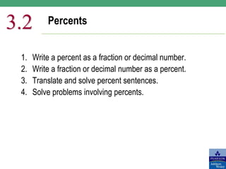 Percents
3.2
1. Write a percent as a fraction or decimal number.
2. Write a fraction or decimal number as a percent.
3. Translate and solve percent sentences.
4. Solve problems involving percents.
 
