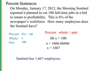 Percent Sentences
Percent Sentences
.06 x = 100
x = 1666.66666
Sentinel has 1,667 employees.
Percent ∙ whole = part
x = 1667
On Monday, January 17, 2012, the Morning Sentinel
reported it planned to cut 100 full-time jobs in a bid
to return to profitability. This is 6% of the
newspaper’s workforce. How many employees does
the Sentinel have?
Percent: 6% = .06
Whole: x
Part: 100
 