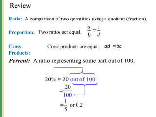 Review
Review
d
c
b
a

Ratio: A comparison of two quantities using a quotient (fraction).
Proportion: Two ratios set equal.
Cross
Products:
Cross products are equal.
Percent:
20% = 20 out of 100
0
20
10

1
or 0.2
5

A ratio representing some part out of 100.
bc
ad 
 