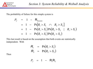 Section 3: System Reliability & Weibull Analysis
The probability of failure for this simple system is
This last result is based on the assumption that both events are statistically
independent. With
Then
 
   
   
2
2
1
1
1
1
2
2
1
1
2
2
1
1
Pr
Pr
1
|
Pr
Pr
1
Pr
1
1
S
R
S
R
S
R
S
R
S
R
S
R
S
R
=
P System
f














 R
 
 
2
2
2
1
1
1
Pr
Pr
S
R
S
R




R
R
2
1
1 R
R


f
P
 