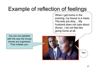 Example of reflection of feelings
Yes!
When I get home in the
evening, my house is a mess.
The kids are dirty… My
husband does not care about
dinner...I do not feel like
going home at all.
You are not satisfied
with the way the house
chores are organized.
That irritates you.
21
 