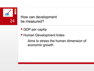How can development be measured?GDP per capitaHuman Development Index	Aims to stress the human dimension of economic growth24