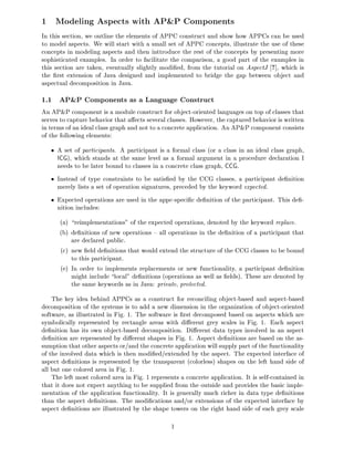 1 Modeling Aspects with AP&P Components
In this section, we outline the elements of APPC construct and show how APPCs can be used
to model aspects. We will start with a small set of APPC concepts, illustrate the use of these
concepts in modeling aspects and then inttroduce the rest of the concepts by presenting more
sophisticated examples. In order to facilitate the comparison, a good part of the examples in
this section are taken, eventually slightly modi ed, from the tutorial on AspectJ ?], which is
the rst extension of Java designed and implemented to bridge the gap between object and
aspectual decomposition in Java.
1.1 AP&P Components as a Language Construct
An AP&P component is a module construct for object-oriented languages on top of classes that
serves to capture behavior that a ects several classes. However, the captured behavior is written
in terms of an ideal class graph and not to a concrete application. An AP&P component consists
of the following elements:
     A set of participants. A participant is a formal class (or a class in an ideal class graph,
     ICG), which stands at the same level as a formal argument in a procedure declaration I
     needs to be later bound to classes in a concrete class graph, CCG.
     Instead of type constraints to be satis ed by the CCG classes, a participant de nition
     merely lists a set of operation signatures, preceded by the keyword expected.
     Expected operations are used in the appc-speci c de nition of the participant. This de -
     nition includes:
      (a) reimplementationsquot; of the expected operations, denoted by the keyword replace.
      (b) de nitions of new operations { all operations in the de nition of a participant that
          are declared public.
      (c) new eld de nitions that would extend the structure of the CCG classes to be bound
          to this participant.
      (e) In order to implements replacements or new functionality, a participant de nition
          might include localquot; de nitions (operations as well as elds). These are denoted by
          the same keywords as in Java: private, protected.
    The key idea behind APPCs as a construct for reconciling object-based and aspect-based
decomposition of the systems is to add a new dimension in the organization of object-oriented
software, as illustrated in Fig. 1. The software is rst decomposed based on aspects which are
symbolically represented by rectangle areas with di erent grey scales in Fig. 1. Each aspect
de nition has its own object-based decomposition. Di erent data types involved in an aspect
de nition are represented by di erent shapes in Fig. 1. Aspect de nitions are based on the as-
sumption that other aspects or/and the concrete application will supply part of the functionality
of the involved data which is then modi ed/extended by the aspect. The expected interface of
aspect de nitions is represented by the transparent (colorless) shapes on the left hand side of
all but one colored area in Fig. 1.
    The left most colored area in Fig. 1 represents a concrete application. It is self-contained in
that it does not expect anything to be supplied from the outside and provides the basic imple-
mentation of the application functionality. It is generally much richer in data type de nitions
than the aspect de nitions. The modi cations and/or extensions of the expected interface by
aspect de nitions are illustrated by the shape towers on the right hand side of each grey scale

                                                1
 