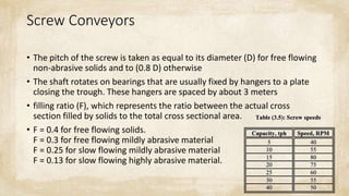 Screw Conveyors
• The pitch of the screw is taken as equal to its diameter (D) for free flowing
non-abrasive solids and to (0.8 D) otherwise
• The shaft rotates on bearings that are usually fixed by hangers to a plate
closing the trough. These hangers are spaced by about 3 meters
• filling ratio (F), which represents the ratio between the actual cross
section filled by solids to the total cross sectional area.
• F = 0.4 for free flowing solids.
F = 0.3 for free flowing mildly abrasive material
F = 0.25 for slow flowing mildly abrasive material
F = 0.13 for slow flowing highly abrasive material.
 
