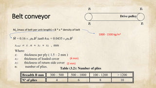 Belt conveyor
Mb (mass of belt per unit length) = B * x * density of belt
1000 - 1500 kg/m3
(4 mm)
(2 mm)
 
