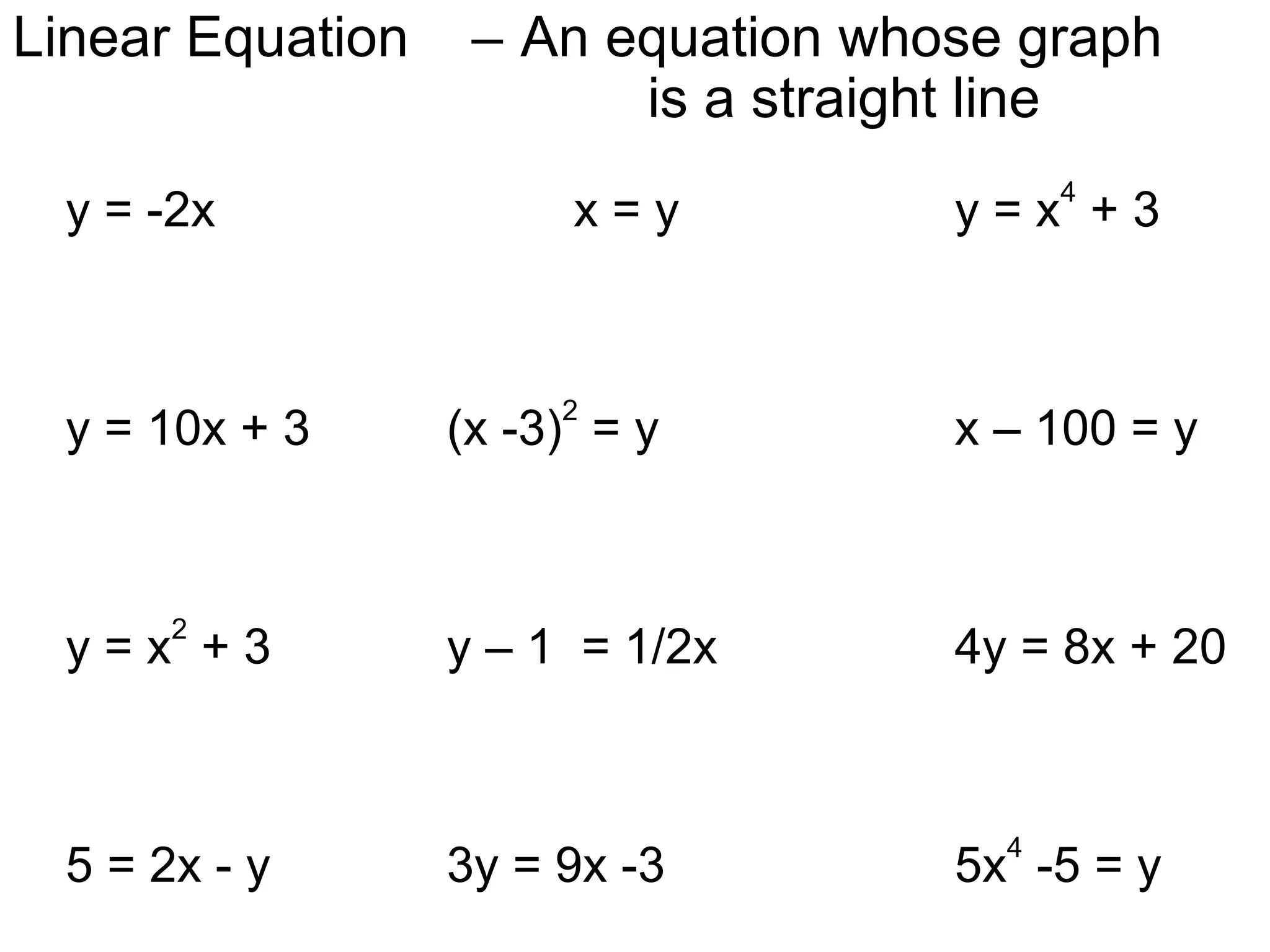 y = -2x x = y y = x 4  + 3 y = 10x + 3 (x -3) 2  = y x – 100 = y y = x 2  + 3 y – 1  = 1/2x 4y = 8x + 20 5 = 2x - y 3y = 9x -3  5x 4  -5 = y Linear Equation  –  An equation whose graph  is a straight line 