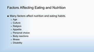 Factors Affecting Eating and Nutrition
 Many factors affect nutrition and eating habits.
 Age
 Culture
 Religion
 Appetite
 Personal choice
 Body reactions
 Illness
 Disability
 