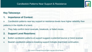 Candlestick Patterns Near Support & Resistance
Key Takeaways
1. Importance of Context:
o Candlestick patterns near key support or resistance levels have higher reliability than
patterns in the middle of a trend.
o They help confirm trend reversals, breakouts, or failed moves.
2. Support Level Reactions:
o Bullish candlestick patterns at support suggest a potential bounce or trend reversal.
o Bearish candlestick patterns breaking support indicate downtrend continuation.
This Content is Copyright Reserved Rights Copyright 2025@PTAIndia
 