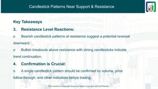 Candlestick Patterns Near Support & Resistance
Key Takeaways
3. Resistance Level Reactions:
o Bearish candlestick patterns at resistance suggest a potential reversal
downward.
o Bullish breakouts above resistance with strong candlesticks indicate
trend continuation.
4. Confirmation is Crucial:
o A single candlestick pattern should be confirmed by volume, price
follow-through, and other indicators before trading.
This Content is Copyright Reserved Rights Copyright 2025@PTAIndia
 