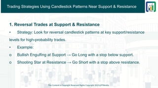 Trading Strategies Using Candlestick Patterns Near Support & Resistance
1. Reversal Trades at Support & Resistance
• Strategy: Look for reversal candlestick patterns at key support/resistance
levels for high-probability trades.
• Example:
o Bullish Engulfing at Support → Go Long with a stop below support.
o Shooting Star at Resistance → Go Short with a stop above resistance.
This Content is Copyright Reserved Rights Copyright 2025@PTAIndia
 