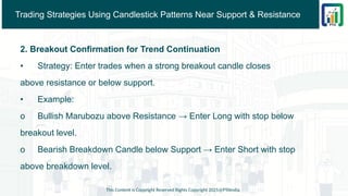 Trading Strategies Using Candlestick Patterns Near Support & Resistance
2. Breakout Confirmation for Trend Continuation
• Strategy: Enter trades when a strong breakout candle closes
above resistance or below support.
• Example:
o Bullish Marubozu above Resistance → Enter Long with stop below
breakout level.
o Bearish Breakdown Candle below Support → Enter Short with stop
above breakdown level.
This Content is Copyright Reserved Rights Copyright 2025@PTAIndia
 
