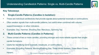 Understanding Candlestick Patterns: Single vs. Multi-Candle Patterns
Key Takeaways
1. Single-Candle Patterns (Candles in Isolation):
• These are individual candlesticks that provide signals about potential reversals or continuations.
• Often weaker signals than multi-candle patterns, but useful when combined with volume,
support/resistance, or other indicators.
• Examples: Doji, Hammer, Shooting Star, Marubozu, Spinning Top.
2. Multi-Candle Patterns (Candles in Patterns):
• These consist of two or more candles, providing stronger and more reliable signals than single-
candle formations.
• Useful for identifying trend reversals, breakouts, or continuations.
• Examples: Engulfing Patterns, Morning/Evening Star, Three White Soldiers, Three Black Crows,
Harami. This Content is Copyright Reserved Rights Copyright 2025@PTAIndia
 