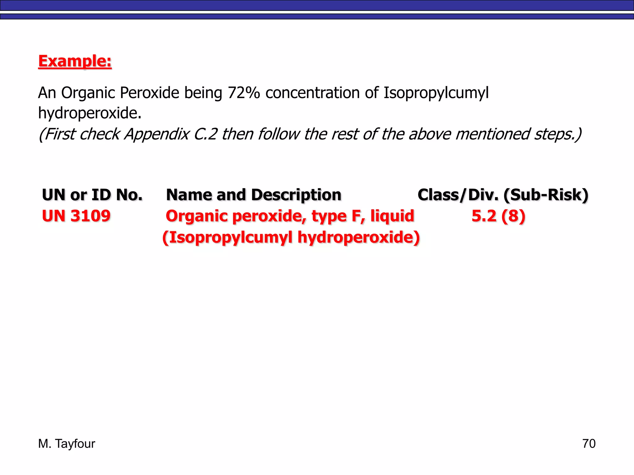 M. Tayfour 70
Example:
An Organic Peroxide being 72% concentration of Isopropylcumyl
hydroperoxide.
(First check Appendix C.2 then follow the rest of the above mentioned steps.)
UN or ID No. Name and Description Class/Div. (Sub-Risk)
UN 3109 Organic peroxide, type F, liquid 5.2 (8)
(Isopropylcumyl hydroperoxide)
 