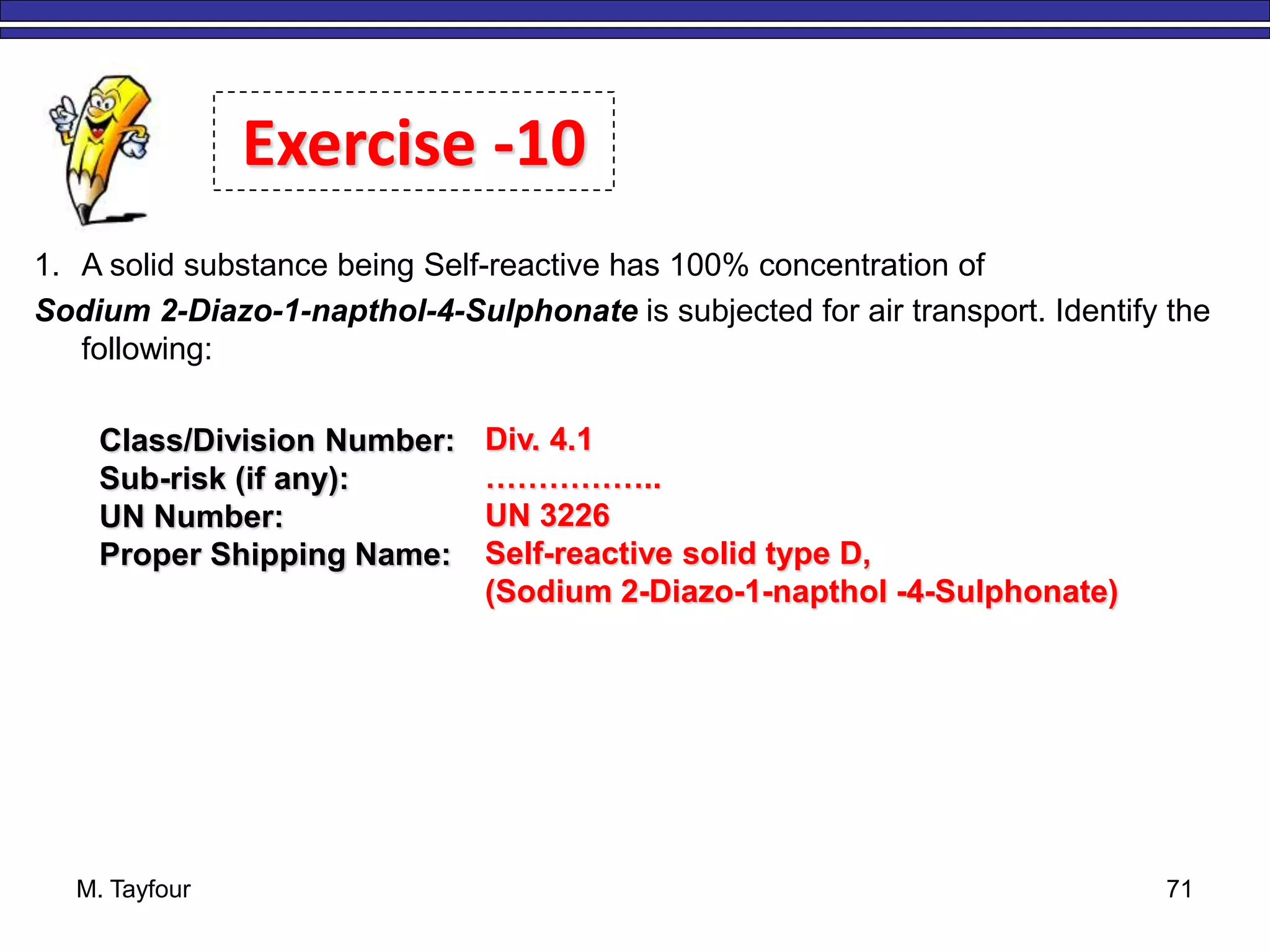 M. Tayfour 71
1. A solid substance being Self-reactive has 100% concentration of
Sodium 2-Diazo-1-napthol-4-Sulphonate is subjected for air transport. Identify the
following:
Exercise -10
Class/Division Number:
Sub-risk (if any):
UN Number:
Proper Shipping Name:
Div. 4.1
……………..
UN 3226
Self-reactive solid type D,
(Sodium 2-Diazo-1-napthol -4-Sulphonate)
 