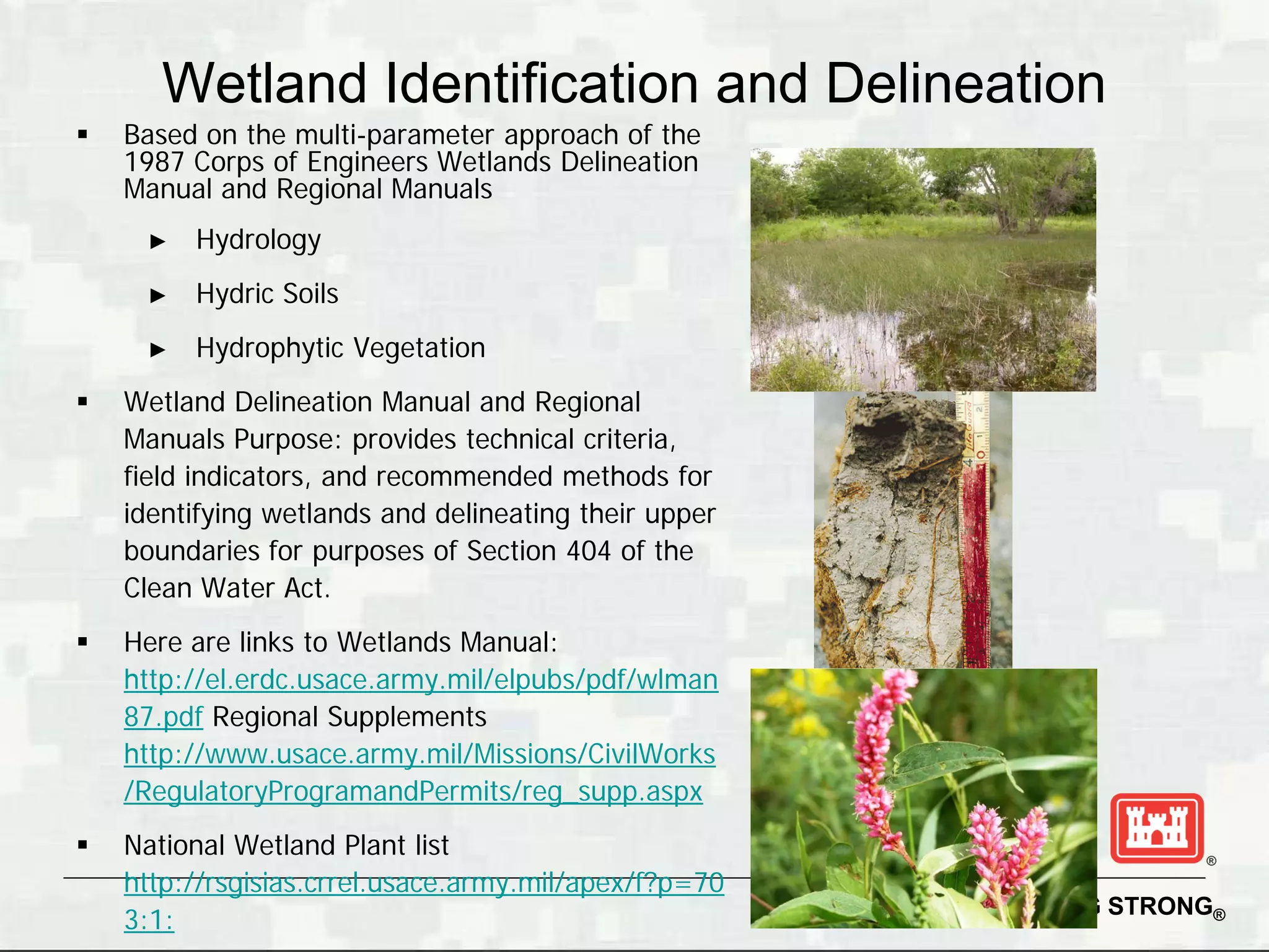 Wetland Identification and Delineation
   Based on the multi-parameter approach of the
    1987 Corps of Engineers Wetlands Delineation
    Manual and Regional Manuals
     ►   Hydrology
     ►   Hydric Soils
     ►   Hydrophytic Vegetation
   Wetland Delineation Manual and Regional
    Manuals Purpose: provides technical criteria,
    field indicators, and recommended methods for
    identifying wetlands and delineating their upper
    boundaries for purposes of Section 404 of the
    Clean Water Act.
   Here are links to Wetlands Manual:
    http://el.erdc.usace.army.mil/elpubs/pdf/wlman
    87.pdf Regional Supplements
    http://www.usace.army.mil/Missions/CivilWorks
    /RegulatoryProgramandPermits/reg_supp.aspx
   National Wetland Plant list
    http://rsgisias.crrel.usace.army.mil/apex/f?p=70
                                                       BUILDING STRONG®
    3:1:
 