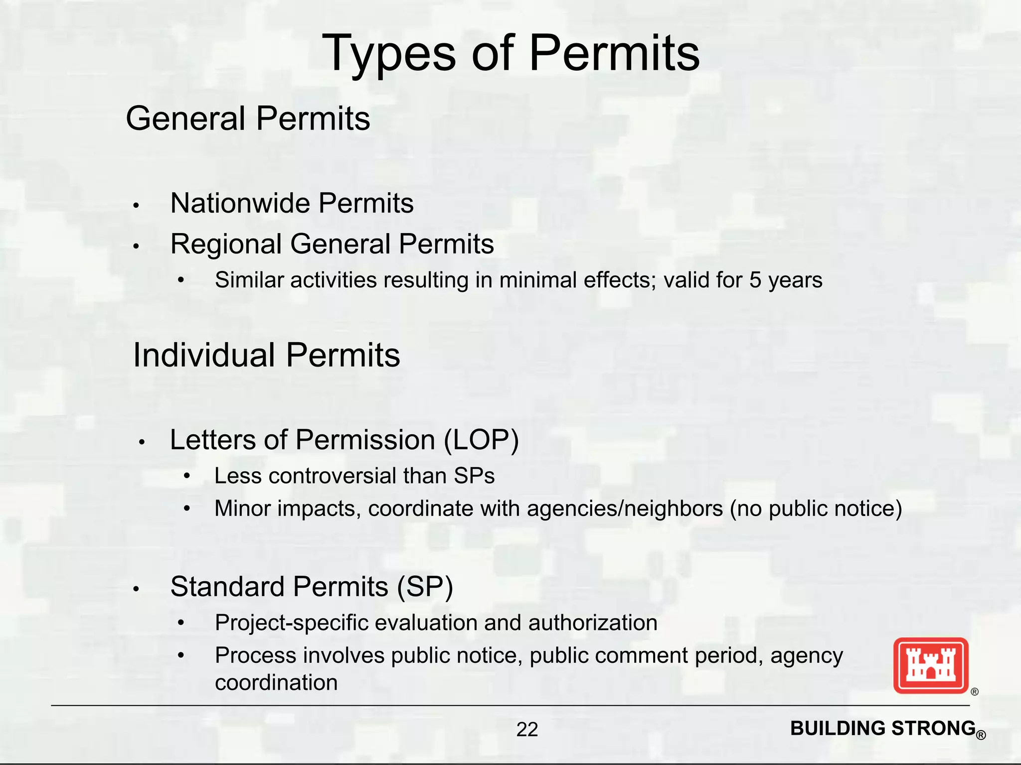 Types of Permits
General Permits

•   Nationwide Permits
•   Regional General Permits
    •    Similar activities resulting in minimal effects; valid for 5 years


Individual Permits

•   Letters of Permission (LOP)
     •   Less controversial than SPs
     •   Minor impacts, coordinate with agencies/neighbors (no public notice)


•   Standard Permits (SP)
    •    Project-specific evaluation and authorization
    •    Process involves public notice, public comment period, agency
         coordination

                                         22                            BUILDING STRONG®
 