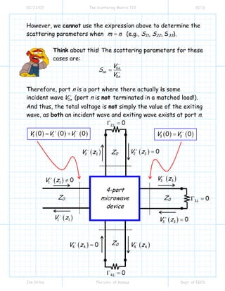 02/23/07 The Scattering Matrix 723 10/13
Jim Stiles The Univ. of Kansas Dept. of EECS
However, we cannot use the expression above to determine the
scattering parameters when m n= (e.g., S11, S22, S33).
Think about this! The scattering parameters for these
cases are:
0
0
n
nn
n
V
S
V
−
+
=
Therefore, port n is a port where there actually is some
incident wave 0nV +
(port n is not terminated in a matched load!).
And thus, the total voltage is not simply the value of the exiting
wave, as both an incident wave and exiting wave exists at port n.
( )4 4 0V z+
=
( )3 3 0V z+
=
( )2 2 0V z+
=
( )1 1V z−
( )4 4V z−
( )3 3V z−
( )2 2V z−
4-port
microwave
device
Z0 Z0
Z0
Z0
4 0LΓ =
3 0LΓ =
2 0LΓ =
( )1 1 0V z+
≠
( ) ( ) ( )1 1 10 0 0V V V+ −
= + ( ) ( )3 30 0V V −
=
 
