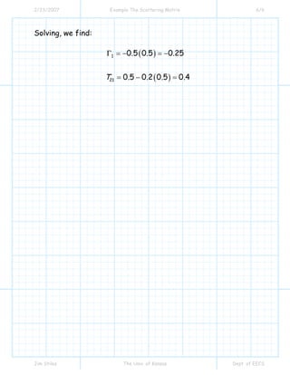 2/23/2007 Example The Scattering Matrix 6/6
Jim Stiles The Univ. of Kansas Dept. of EECS
Solving, we find:
( )
( )
1
21
0 5 0 5 0 25
0 5 0 2 0 5 0 4
. . .
T . . . .
= − = −
= − =
Γ
 