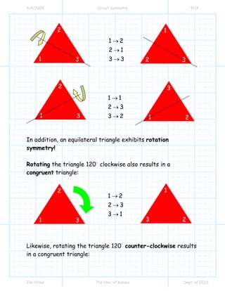 3/4/2009 Circuit Symmetry 4/14
Jim Stiles The Univ. of Kansas Dept. of EECS
1 2
2 1
3 3
→
→
→
1 1
2 3
3 2
→
→
→
In addition, an equilateral triangle exhibits rotation
symmetry!
Rotating the triangle 120 clockwise also results in a
congruent triangle:
1 2
2 3
3 1
→
→
→
Likewise, rotating the triangle 120 counter-clockwise results
in a congruent triangle:
2
1
3
1
3
2
1
2
3
1
2
3
1
2
3
3
1
2
 