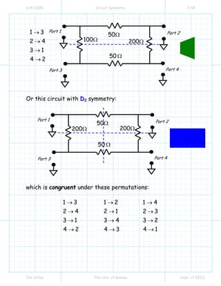 3/4/2009 Circuit Symmetry 7/14
Jim Stiles The Univ. of Kansas Dept. of EECS
1 3
2 4
3 1
4 2
→
→
→
→
Or this circuit with D2 symmetry:
which is congruent under these permutations:
1 3
2 4
3 1
4 2
→
→
→
→
1 2
2 1
3 4
4 3
→
→
→
→
1 4
2 3
3 2
4 1
→
→
→
→
50Ω
50 Ω
200Ω100Ω
Port 1 Port 2
Port 4Port 3
50Ω
50 Ω
200Ω200Ω
Port 1 Port 2
Port 4Port 3
 