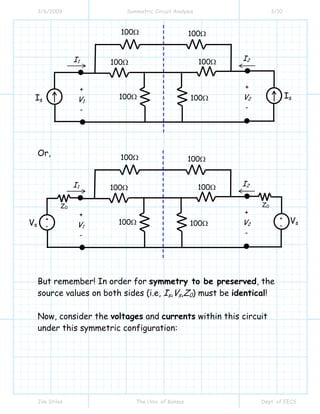 3/6/2009 Symmetric Circuit Analysis 3/10
Jim Stiles The Univ. of Kansas Dept. of EECS
Or,
But remember! In order for symmetry to be preserved, the
source values on both sides (i.e, Is,Vs,Z0) must be identical!
Now, consider the voltages and currents within this circuit
under this symmetric configuration:
I1
100Ω
I2
+
V2
-
+
V1
-
100Ω 100Ω
100Ω
100Ω
100Ω
Is
Is
I1
100Ω
I2
+
V2
-
+
V1
-
100Ω 100Ω
100Ω
100Ω
100Ω
Vs
Vs
+
-
+
-
Z0 Z0
 